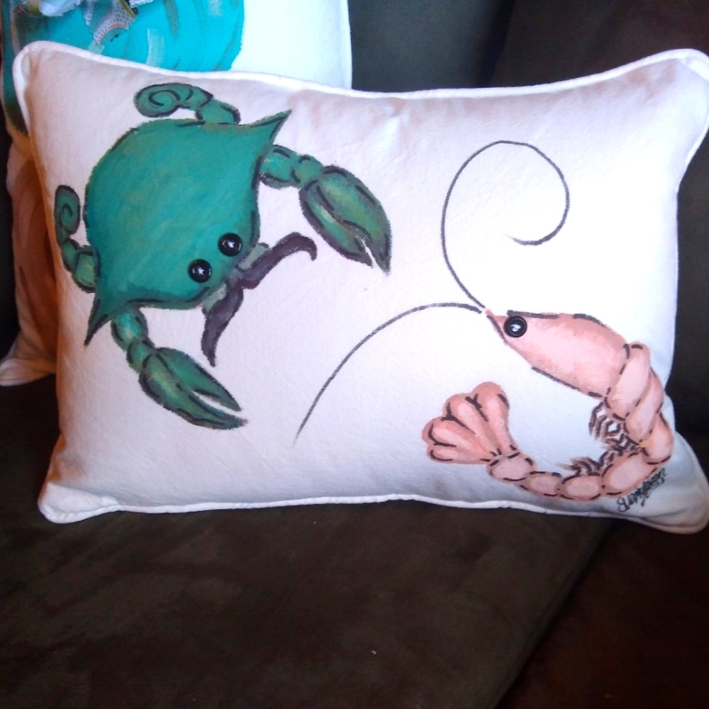 Handsewn and handpainted Crab and Shrimp Pillow